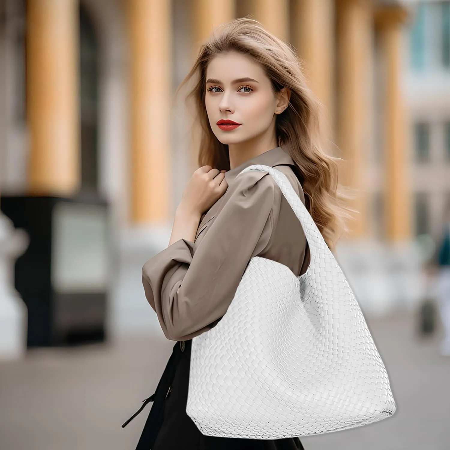 Women Vegan Leather Hand-Woven Tote Handbag Fashion Shoulder Top-handle Bag All-Match Underarm Bag with Purse