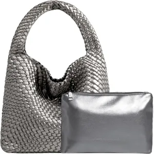 Women Vegan Leather Hand-Woven Tote Handbag Fashion Shoulder Top-handle Bag All-Match Underarm Bag with Purse