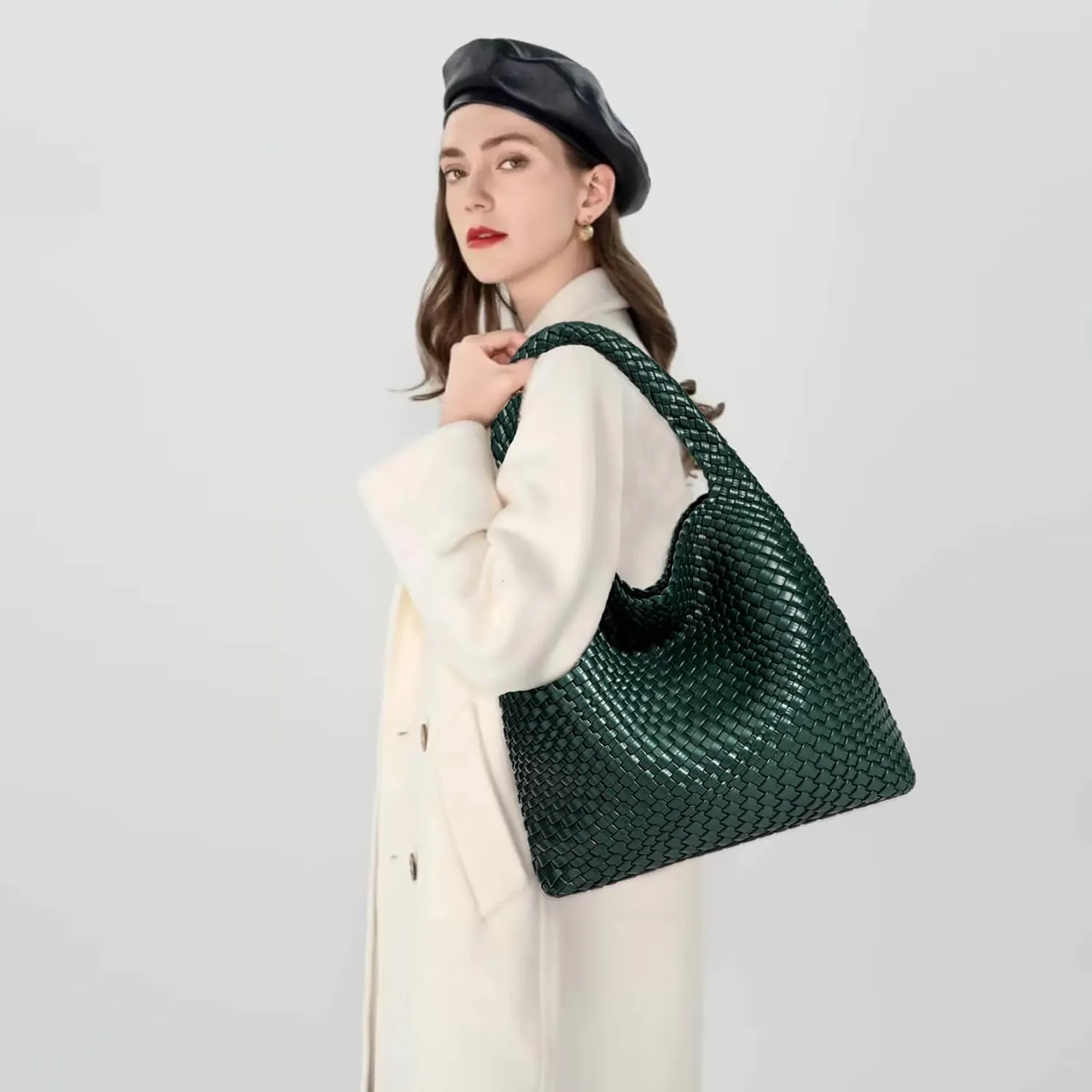 Women Vegan Leather Hand-Woven Tote Handbag Fashion Shoulder Top-handle Bag All-Match Underarm Bag with Purse
