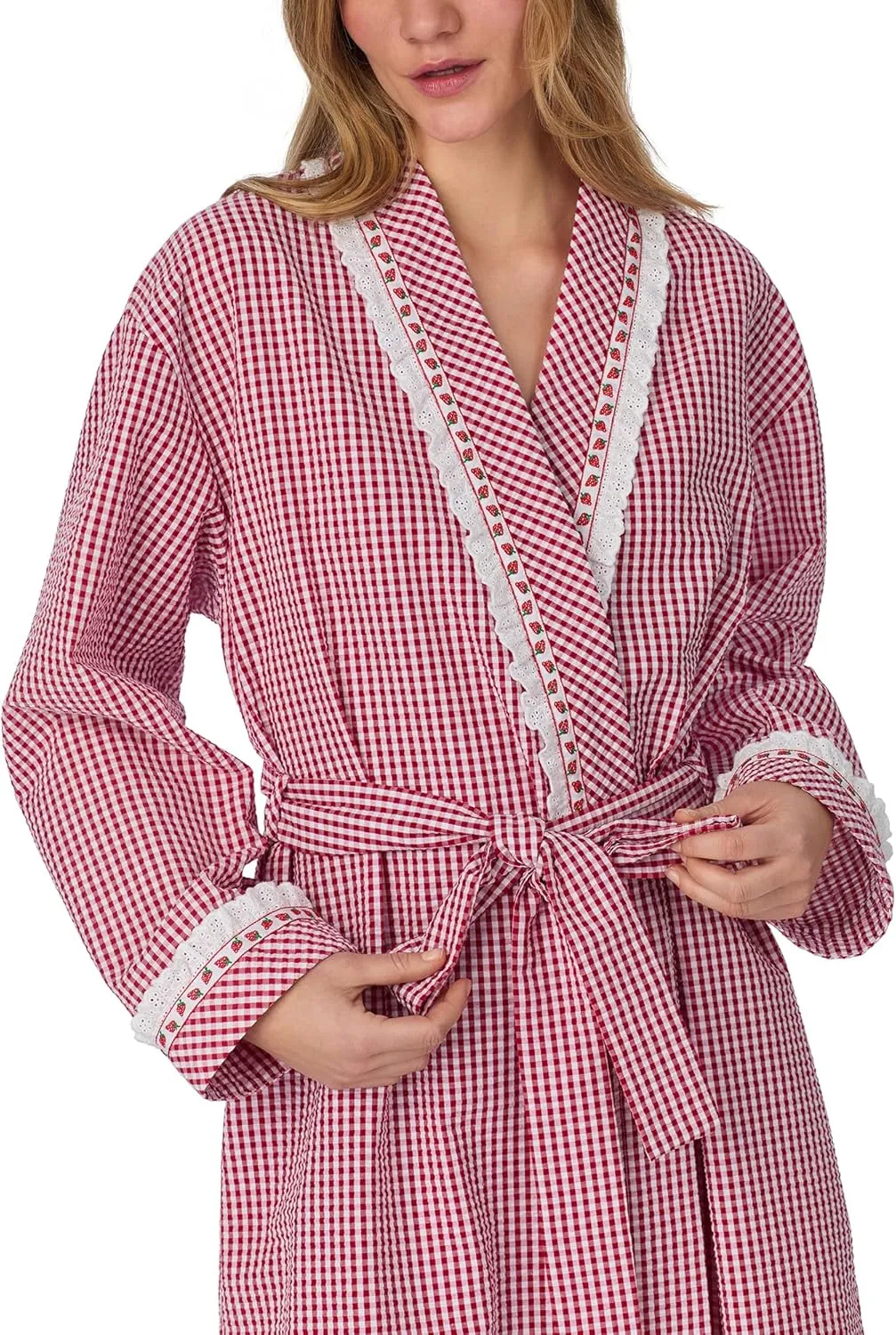 Women's 100% Cotton Long Sleeve Wrap Robe, Tie Belt, Contrast Stitching, 36” Length