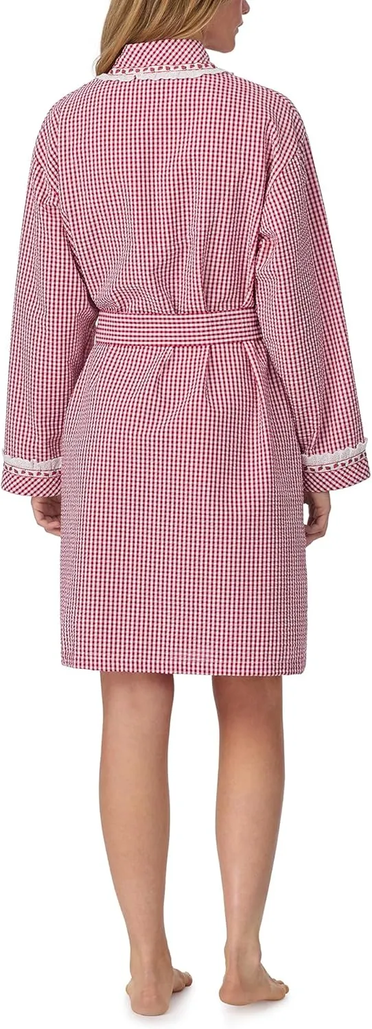 Women's 100% Cotton Long Sleeve Wrap Robe, Tie Belt, Contrast Stitching, 36” Length