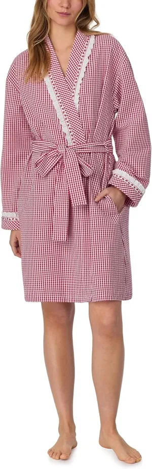 Women's 100% Cotton Long Sleeve Wrap Robe, Tie Belt, Contrast Stitching, 36” Length