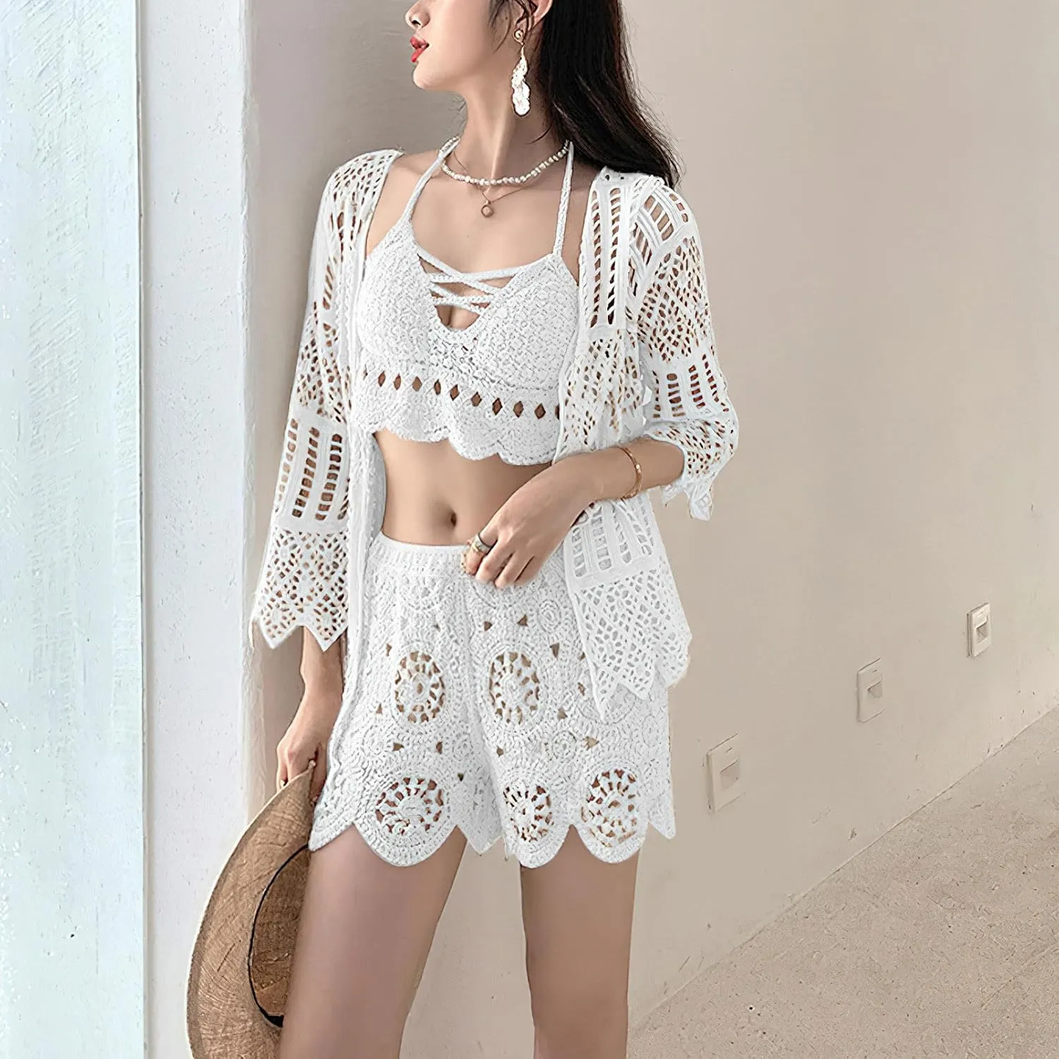 Women's 3 Pieces Bikini Set Hollow Out Cardigan & Crop Top & Floral Shorts Summer Beach Crochet Knit Swimsuits