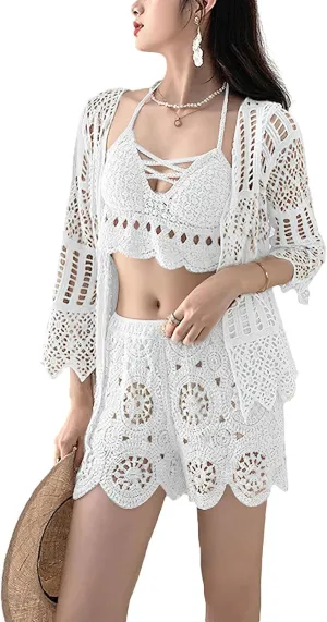 Women's 3 Pieces Bikini Set Hollow Out Cardigan & Crop Top & Floral Shorts Summer Beach Crochet Knit Swimsuits