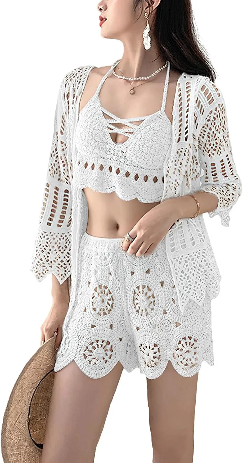 Women's 3 Pieces Bikini Set Hollow Out Cardigan & Crop Top & Floral Shorts Summer Beach Crochet Knit Swimsuits