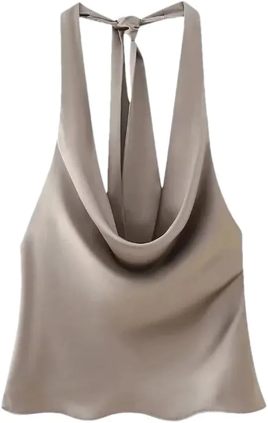 Women's Backless Halter Neck Vest Flowing Draped Bow Tie Sleeveless Sexy Clubwear Tank Top