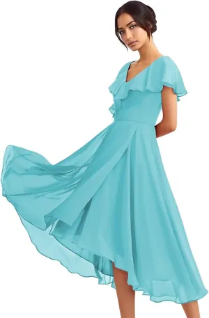 Women's Bridesmaid Dresses with Sleeves Ruffles Chiffon V Neck A Line High-Low Formal Gowns