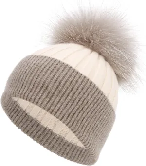 Womens Cashmere Winter Ribbed Knit Cuffed Beanie Hat with Real Fur Pom Pom Beanie Skull Cap Ski Hat