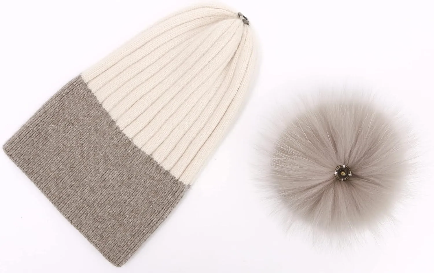 Womens Cashmere Winter Ribbed Knit Cuffed Beanie Hat with Real Fur Pom Pom Beanie Skull Cap Ski Hat