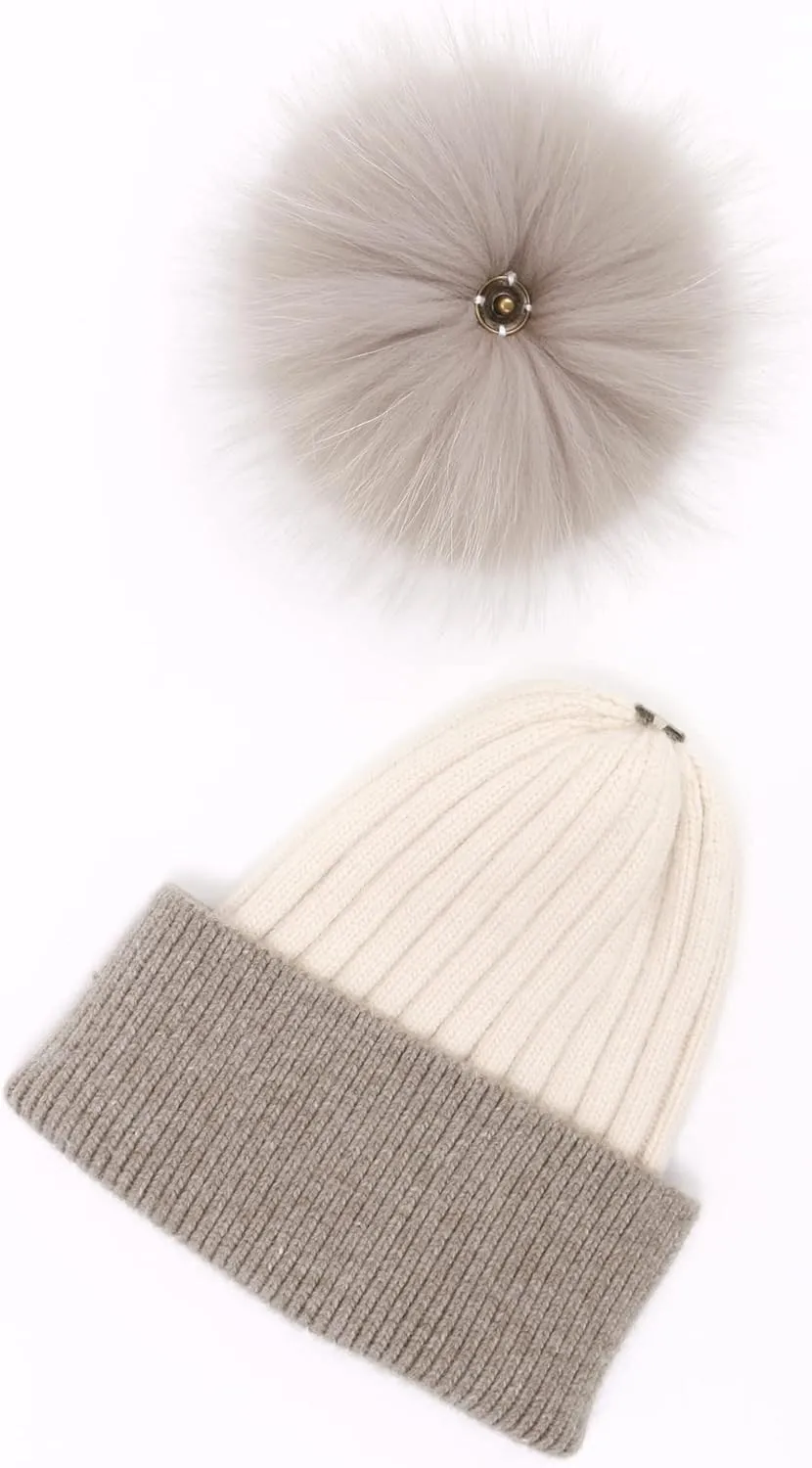 Womens Cashmere Winter Ribbed Knit Cuffed Beanie Hat with Real Fur Pom Pom Beanie Skull Cap Ski Hat