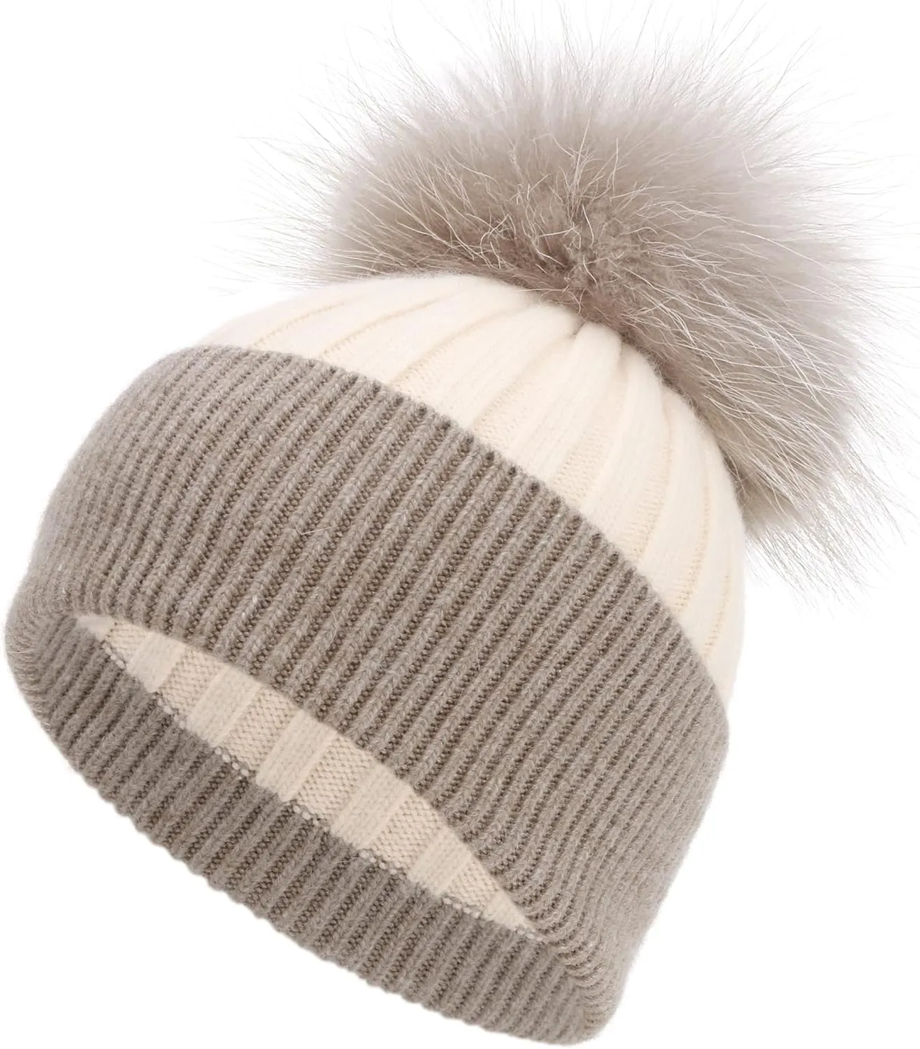 Womens Cashmere Winter Ribbed Knit Cuffed Beanie Hat with Real Fur Pom Pom Beanie Skull Cap Ski Hat