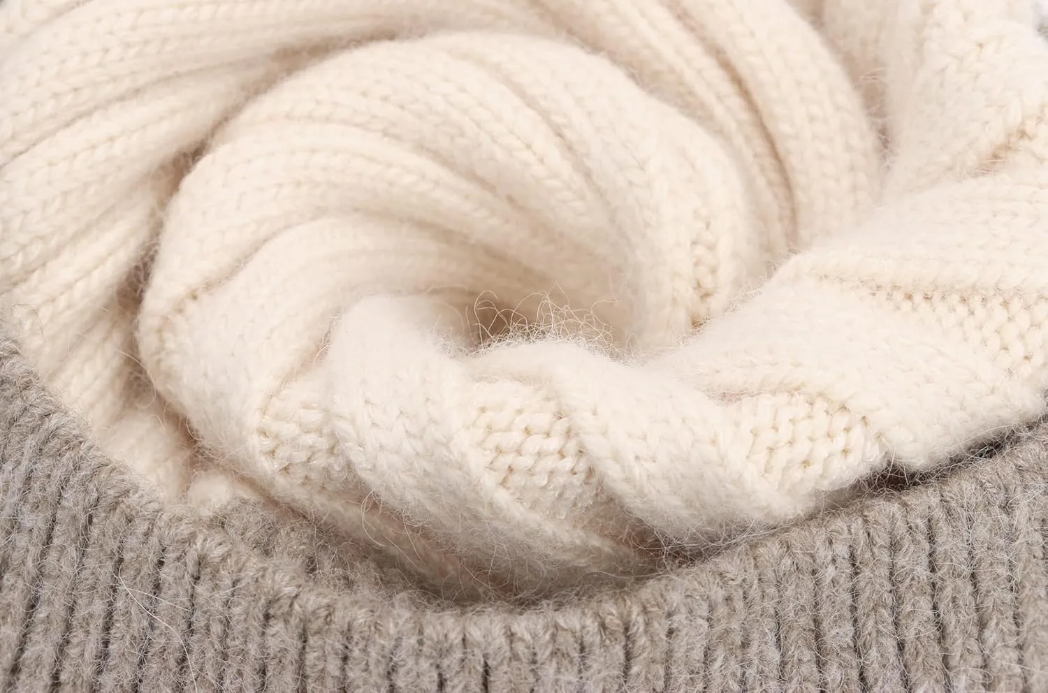 Womens Cashmere Winter Ribbed Knit Cuffed Beanie Hat with Real Fur Pom Pom Beanie Skull Cap Ski Hat