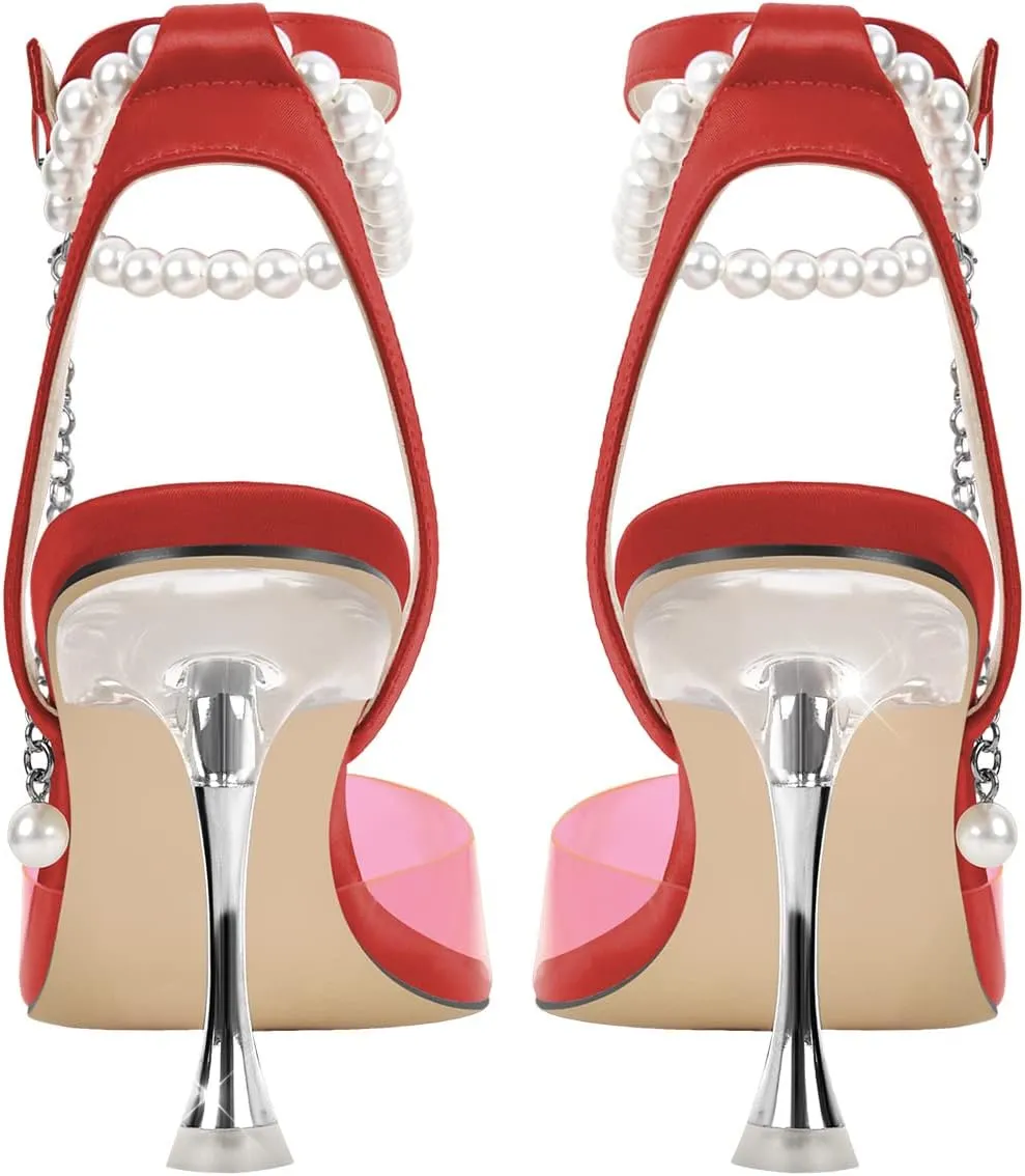 Women's Clear Heels Pointed Toe Rhinestone Stiletto White Pearl Heels for Women Wedding Party Sandals