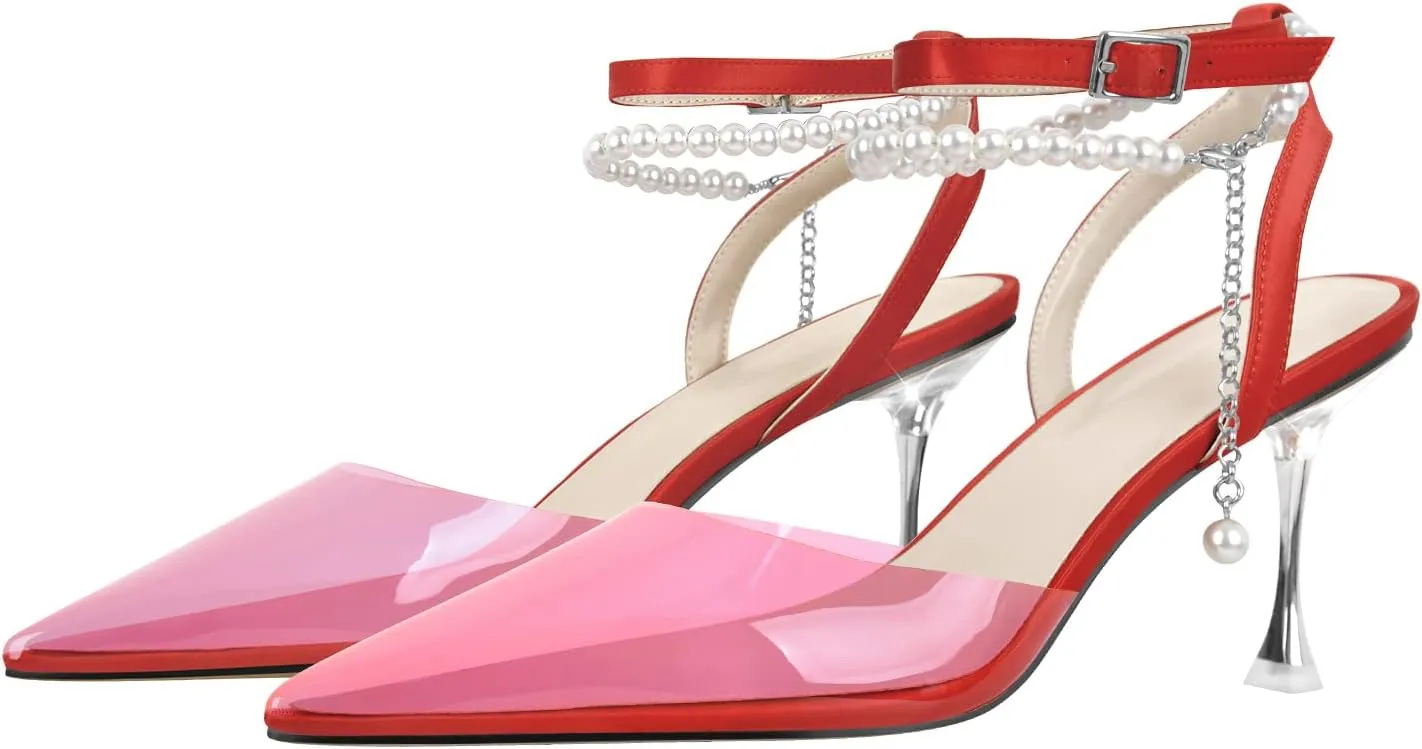 Women's Clear Heels Pointed Toe Rhinestone Stiletto White Pearl Heels for Women Wedding Party Sandals