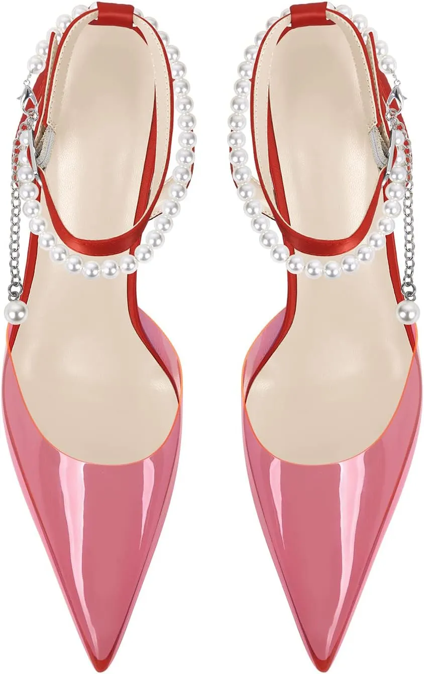 Women's Clear Heels Pointed Toe Rhinestone Stiletto White Pearl Heels for Women Wedding Party Sandals