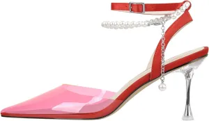 Women's Clear Heels Pointed Toe Rhinestone Stiletto White Pearl Heels for Women Wedding Party Sandals