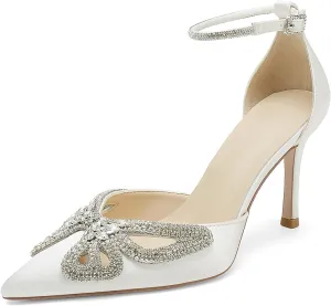 Women's Closed Pointed Toe Pumps Rhinestone Bow Sparkly Wedding Shoes High Stiletto Heels Satin Ankle Strap Heeled Prom Dress Sandals