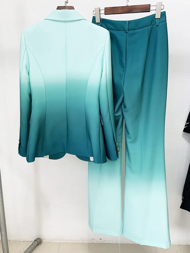Women's Color Ombre Blazer Flare Pants Fashion Suit Set 2 Pieces Prom Party Trendy Temperament Outfit