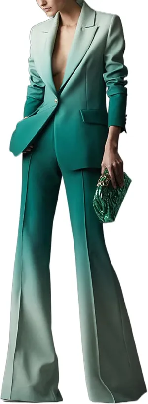 Women's Color Ombre Blazer Flare Pants Fashion Suit Set 2 Pieces Prom Party Trendy Temperament Outfit