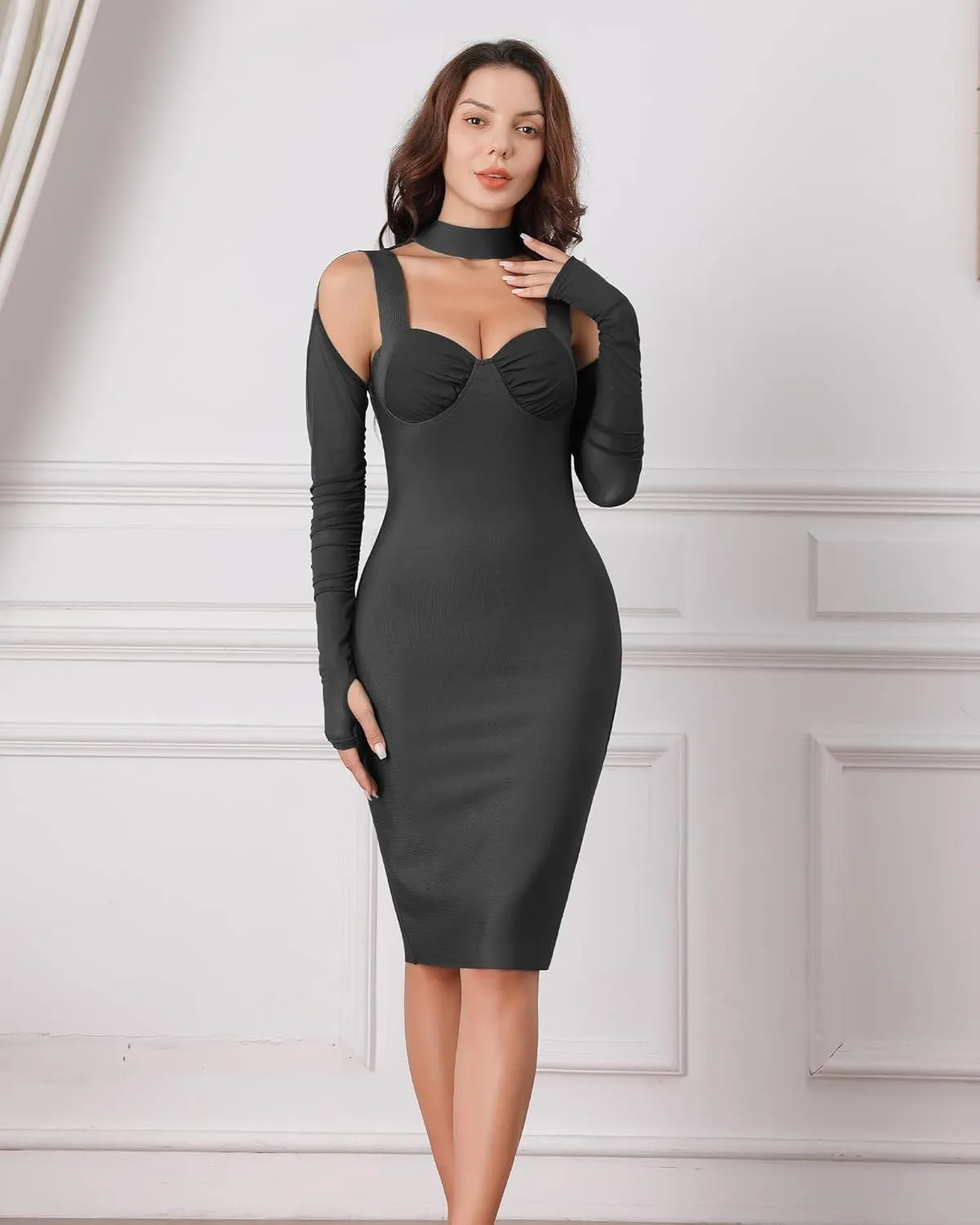 Women's Elegant Halter Long Sleeve Knee Length Bandage Dresses Celebrity Cocktail Formal Wedding Guest Dress