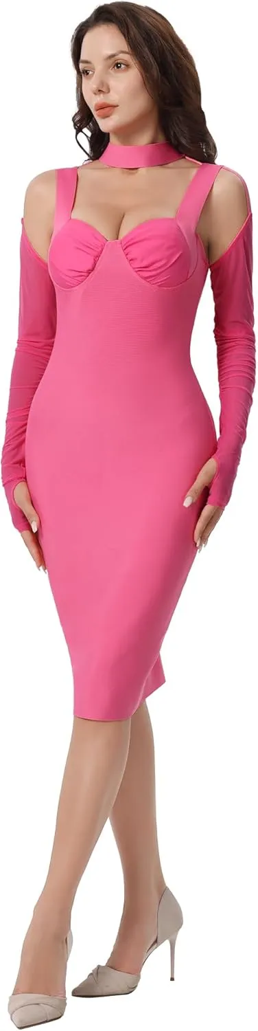 Women's Elegant Halter Long Sleeve Knee Length Bandage Dresses Celebrity Cocktail Formal Wedding Guest Dress