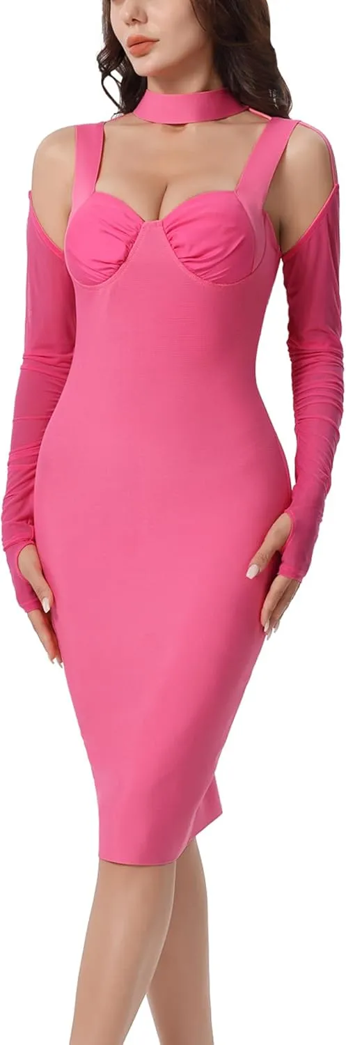 Women's Elegant Halter Long Sleeve Knee Length Bandage Dresses Celebrity Cocktail Formal Wedding Guest Dress