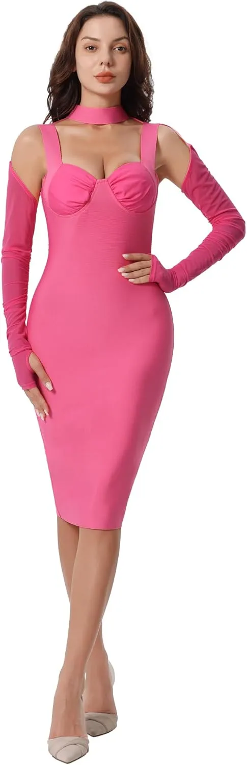 Women's Elegant Halter Long Sleeve Knee Length Bandage Dresses Celebrity Cocktail Formal Wedding Guest Dress