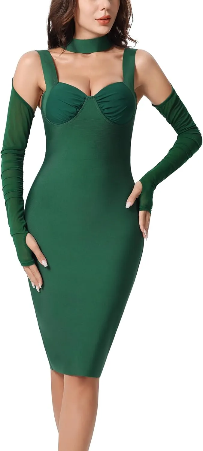 Women's Elegant Halter Long Sleeve Knee Length Bandage Dresses Celebrity Cocktail Formal Wedding Guest Dress