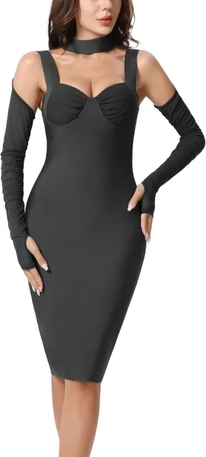 Women's Elegant Halter Long Sleeve Knee Length Bandage Dresses Celebrity Cocktail Formal Wedding Guest Dress