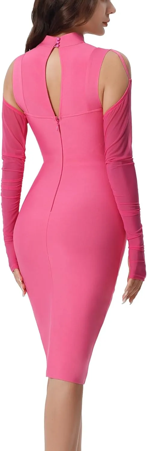 Women's Elegant Halter Long Sleeve Knee Length Bandage Dresses Celebrity Cocktail Formal Wedding Guest Dress