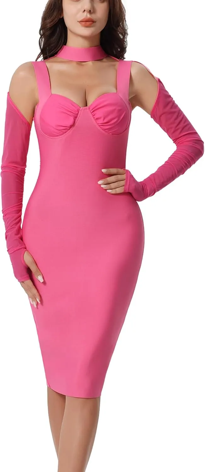 Women's Elegant Halter Long Sleeve Knee Length Bandage Dresses Celebrity Cocktail Formal Wedding Guest Dress