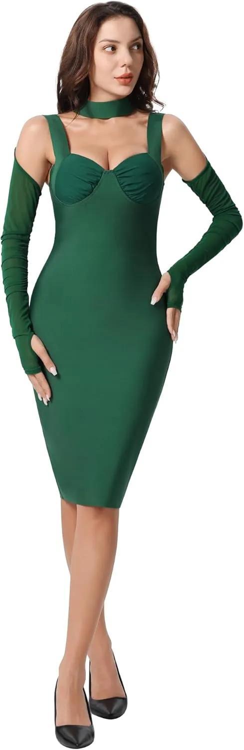 Women's Elegant Halter Long Sleeve Knee Length Bandage Dresses Celebrity Cocktail Formal Wedding Guest Dress