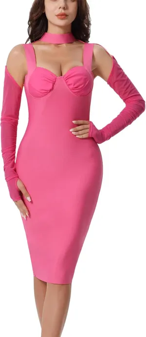 Women's Elegant Halter Long Sleeve Knee Length Bandage Dresses Celebrity Cocktail Formal Wedding Guest Dress