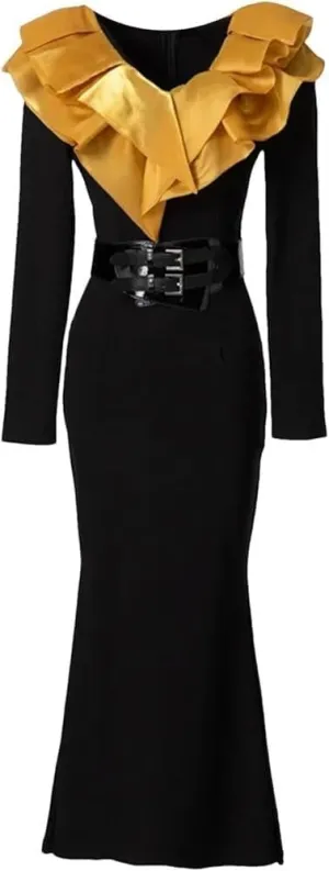 Women's Elegant Spring Dress V-Neck Ruffled Long Sleeve Tie Waist Solid Color Party Gown