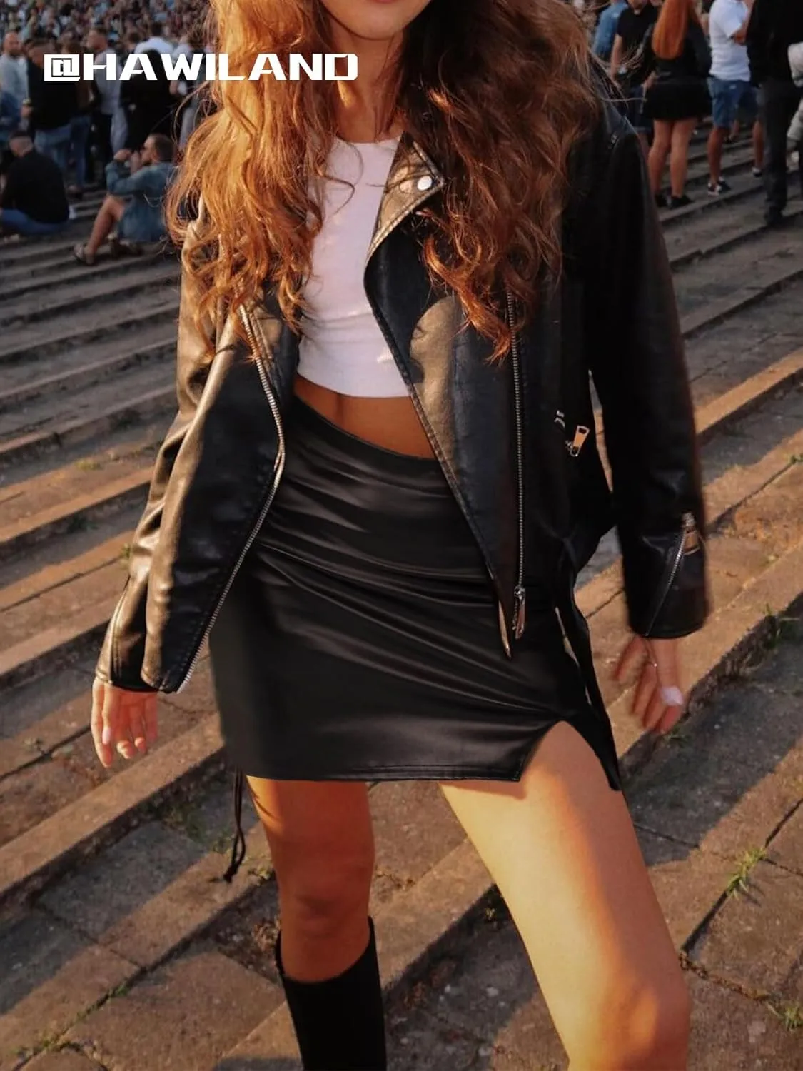 Women's Faux Leather Skirt High Waist Tummy Control Bodycon Mini Short Skirt with Slit