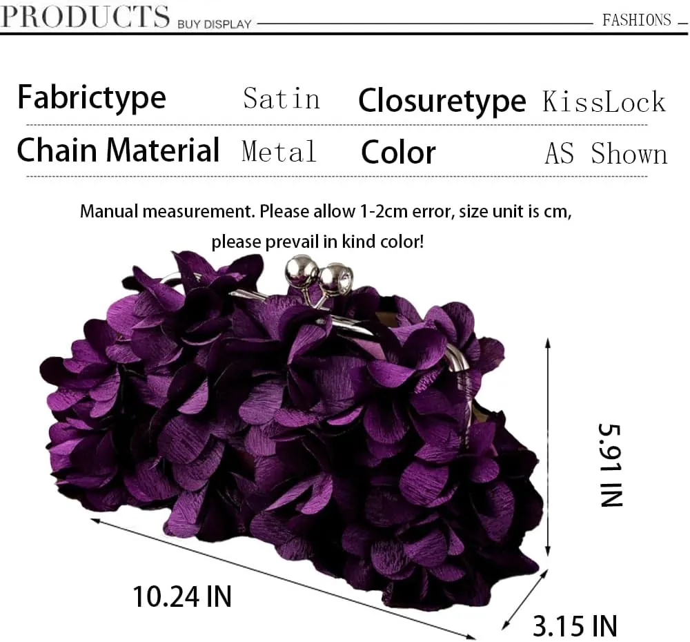 Women's Floral Satin Evening Clutch Bag with Detachable Metal Chain for Wedding, Party, Prom - Shoulder/Crossbody/Handheld