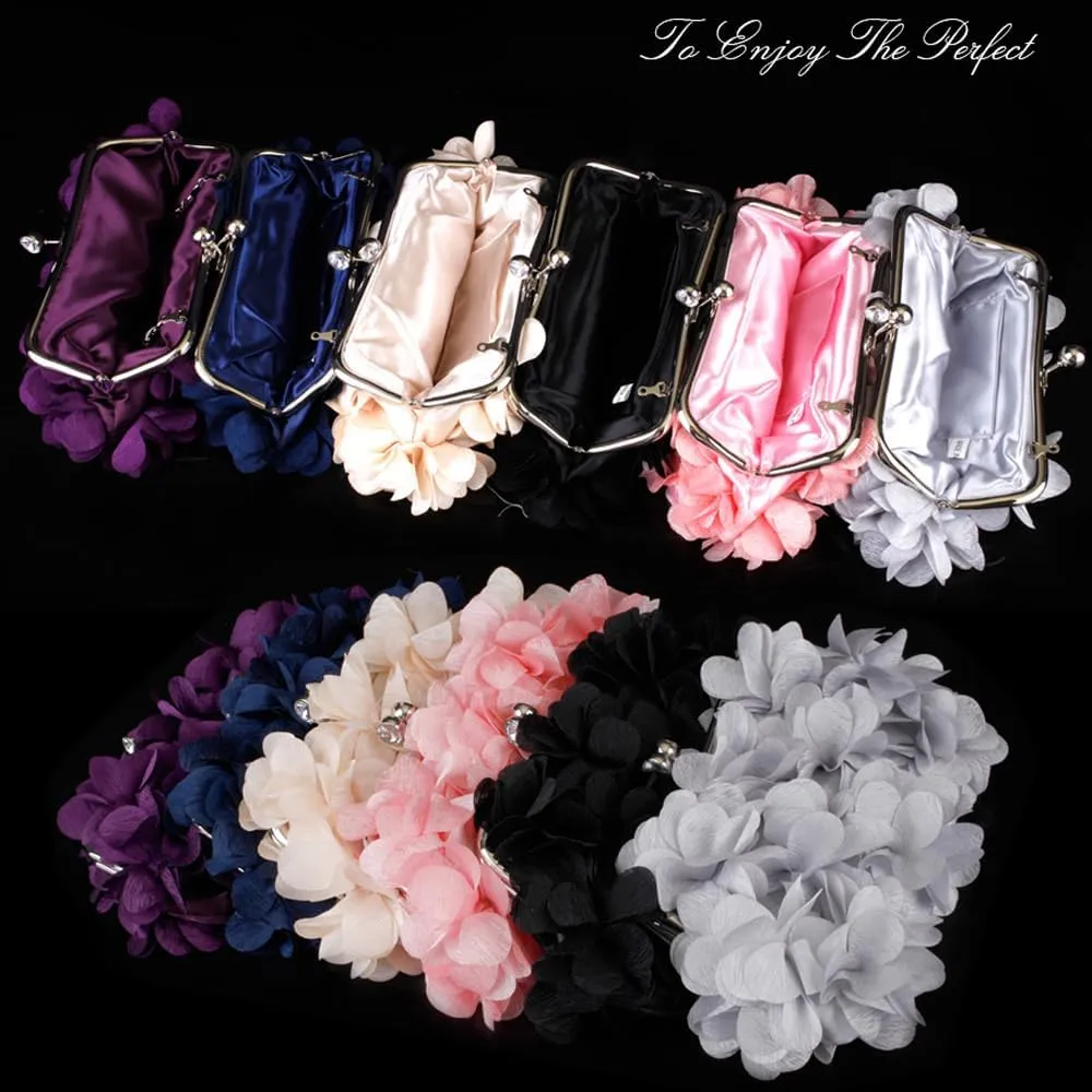 Women's Floral Satin Evening Clutch Bag with Detachable Metal Chain for Wedding, Party, Prom - Shoulder/Crossbody/Handheld