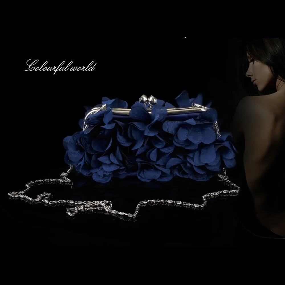 Women's Floral Satin Evening Clutch Bag with Detachable Metal Chain for Wedding, Party, Prom - Shoulder/Crossbody/Handheld