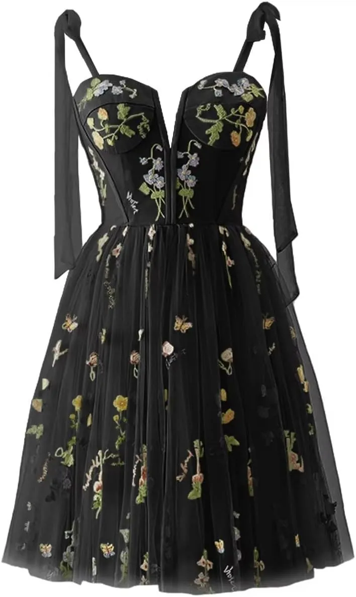 Women's Homecoming Dresses Spaghetti Strap Short Flower Embroidery Tulle Formal Dresses