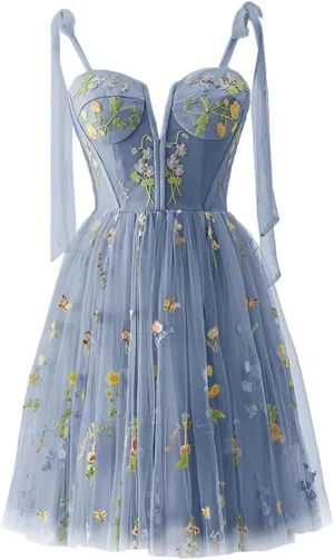 Women's Homecoming Dresses Spaghetti Strap Short Flower Embroidery Tulle Formal Dresses