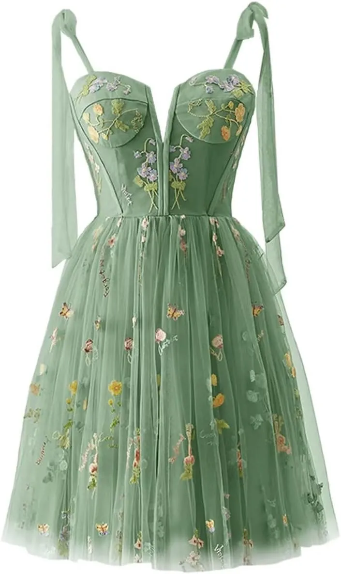 Women's Homecoming Dresses Spaghetti Strap Short Flower Embroidery Tulle Formal Dresses