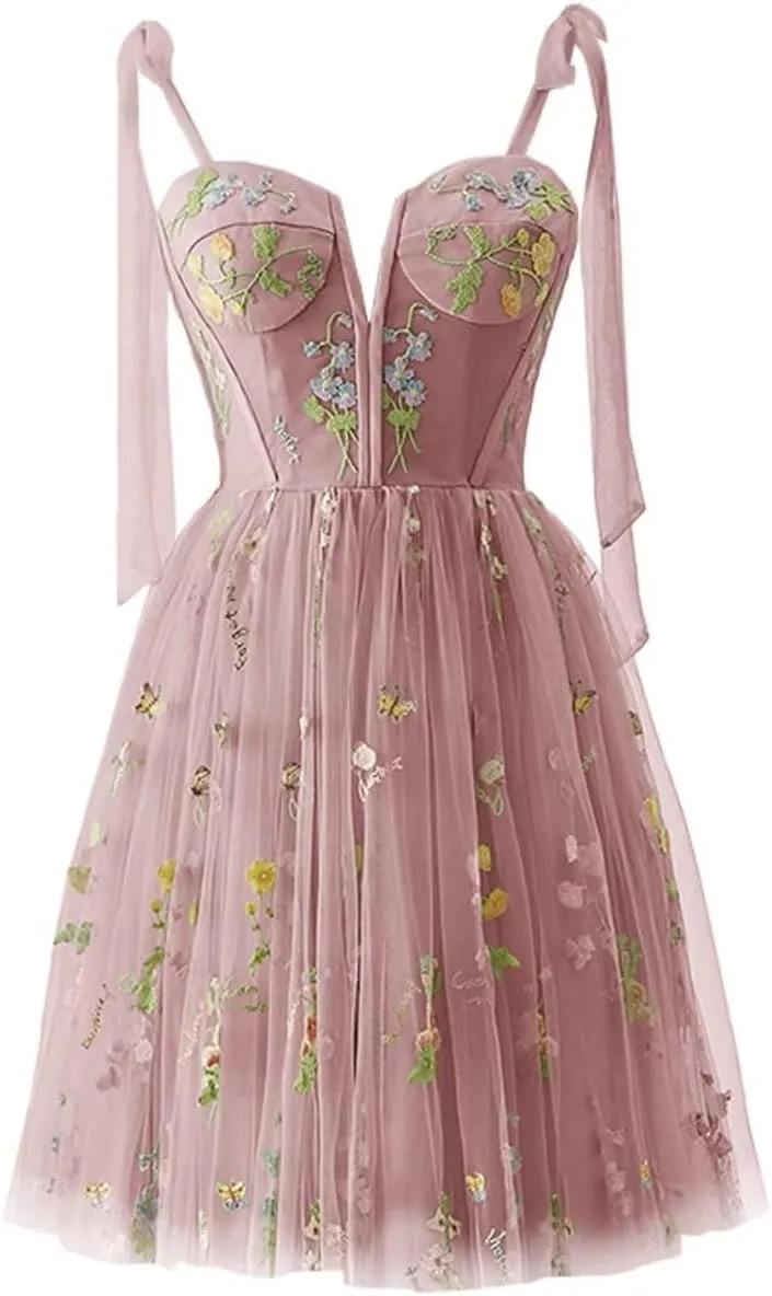Women's Homecoming Dresses Spaghetti Strap Short Flower Embroidery Tulle Formal Dresses