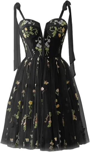 Women's Homecoming Dresses Spaghetti Strap Short Flower Embroidery Tulle Formal Dresses