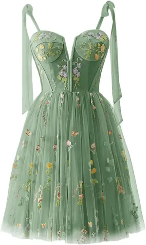 Women's Homecoming Dresses Spaghetti Strap Short Flower Embroidery Tulle Formal Dresses