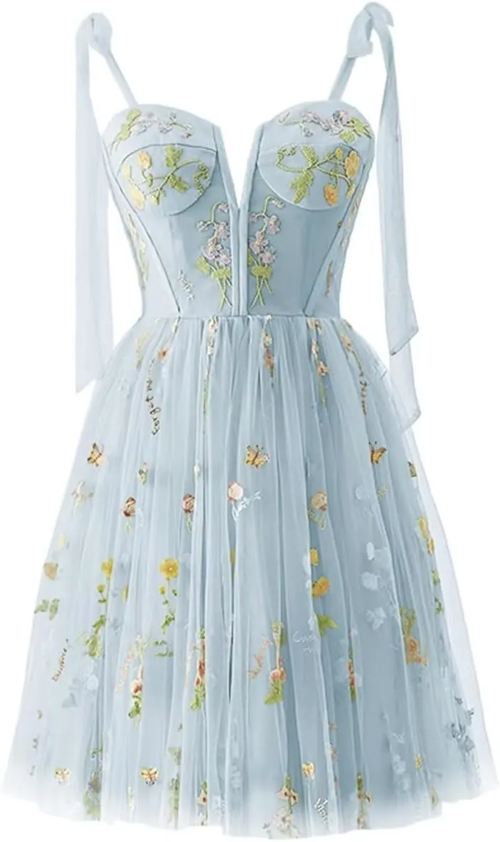 Women's Homecoming Dresses Spaghetti Strap Short Flower Embroidery Tulle Formal Dresses