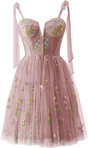 Women's Homecoming Dresses Spaghetti Strap Short Flower Embroidery Tulle Formal Dresses