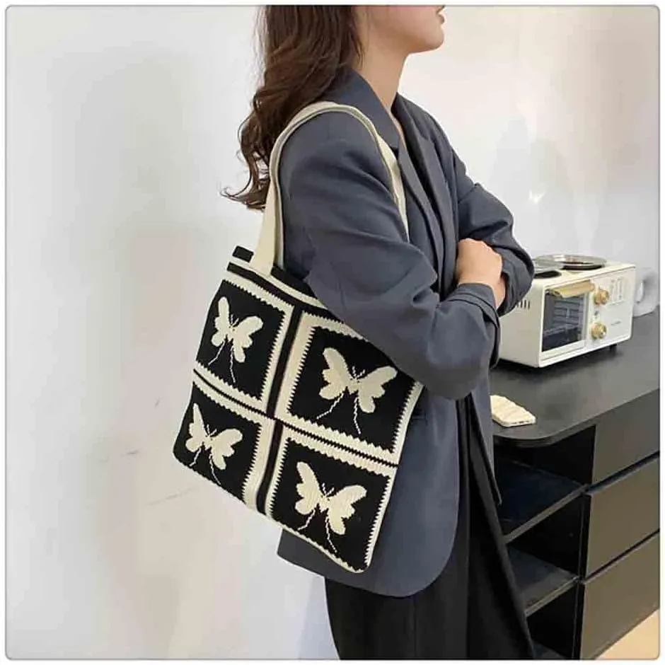 Women's knitted handbag, Butterfly shoulder bag, cute wool woven bag Crochet tote bag Hobo Bags
