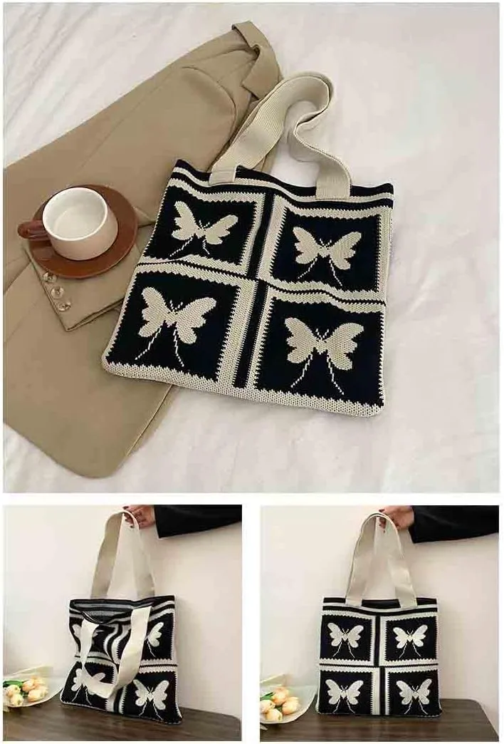 Women's knitted handbag, Butterfly shoulder bag, cute wool woven bag Crochet tote bag Hobo Bags