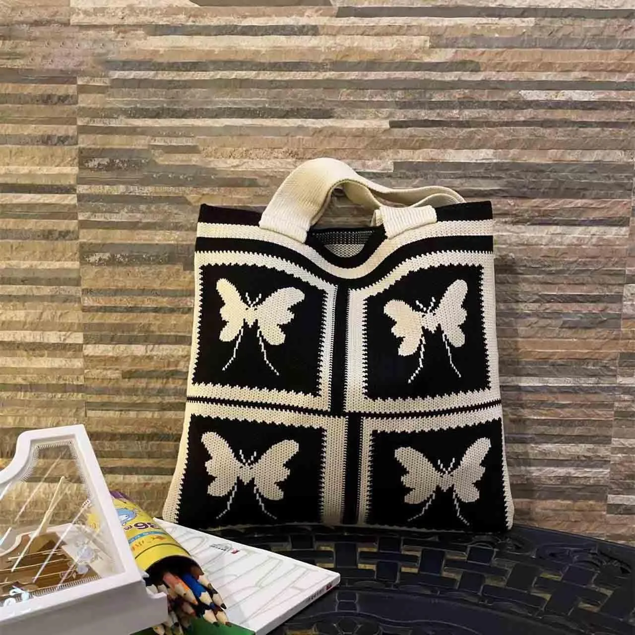 Women's knitted handbag, Butterfly shoulder bag, cute wool woven bag Crochet tote bag Hobo Bags