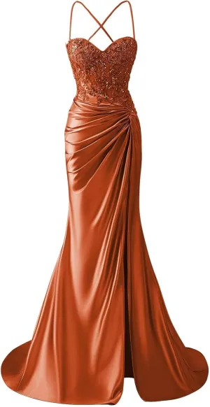 Women's Lace Applique Satin Prom Dress with Slit Mermaid Twist Corset Long Formal Gown